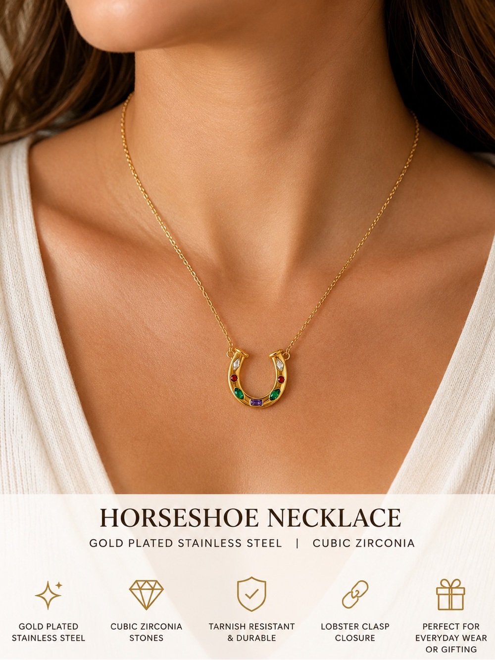 Gold Plated Stainless Steel Lucky Horseshoe Necklace with Multicolor CZ - New